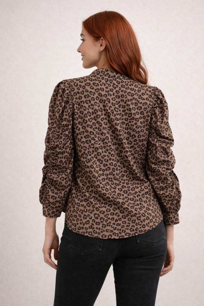 Shirring Detail Washed Leopard Print Shirt