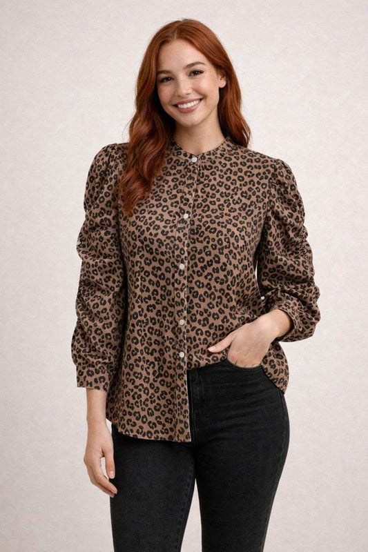 Shirring Detail Washed Leopard Print Shirt