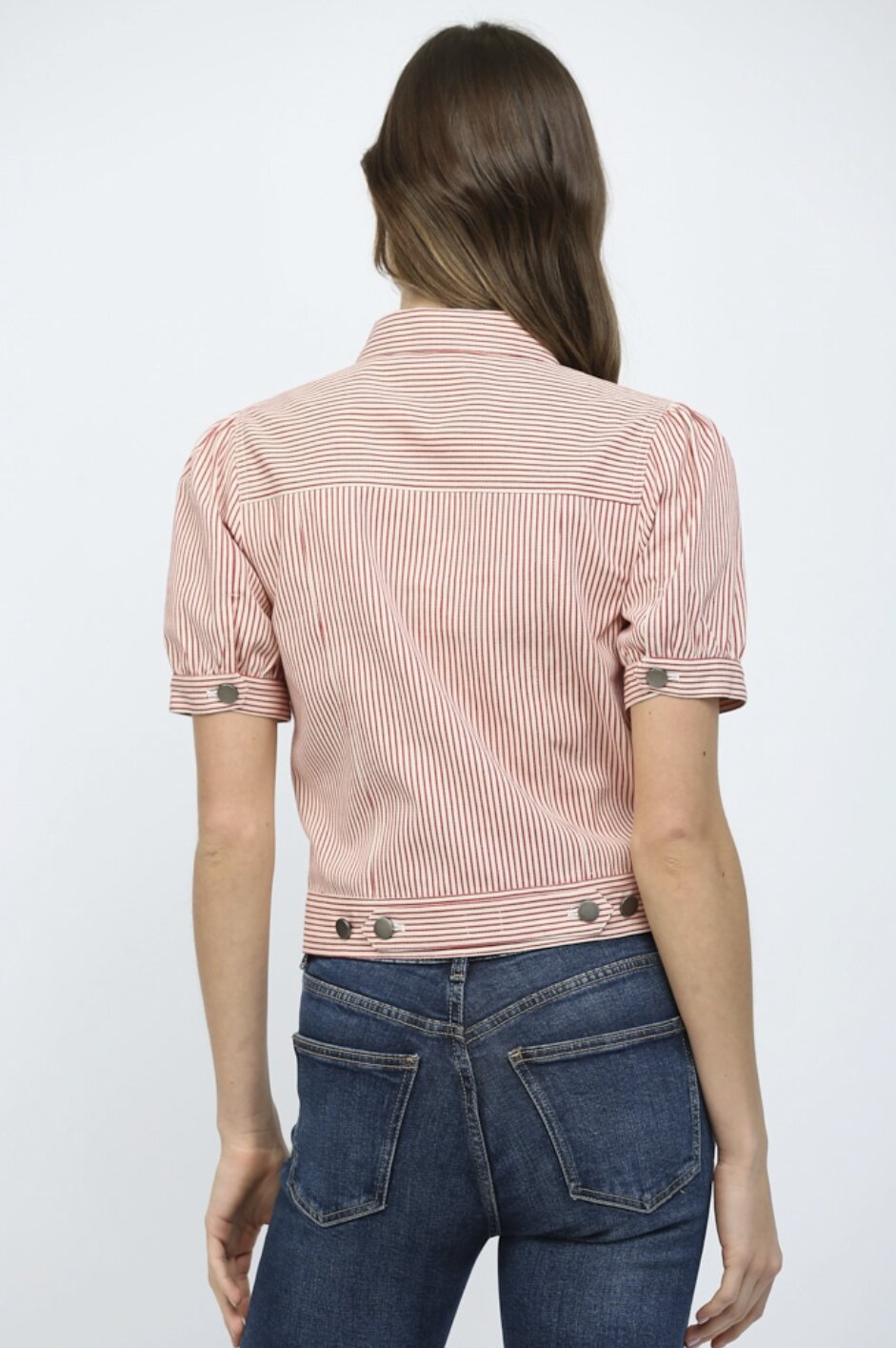 Shirt Sleeve Strip Denim Crop Jacket