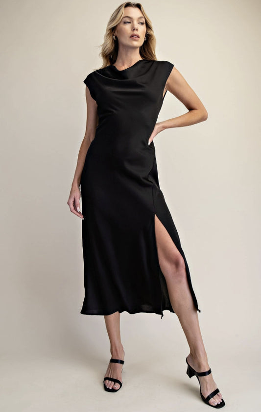 Short-Sleeve Cowl Neck Slip Midi Dress