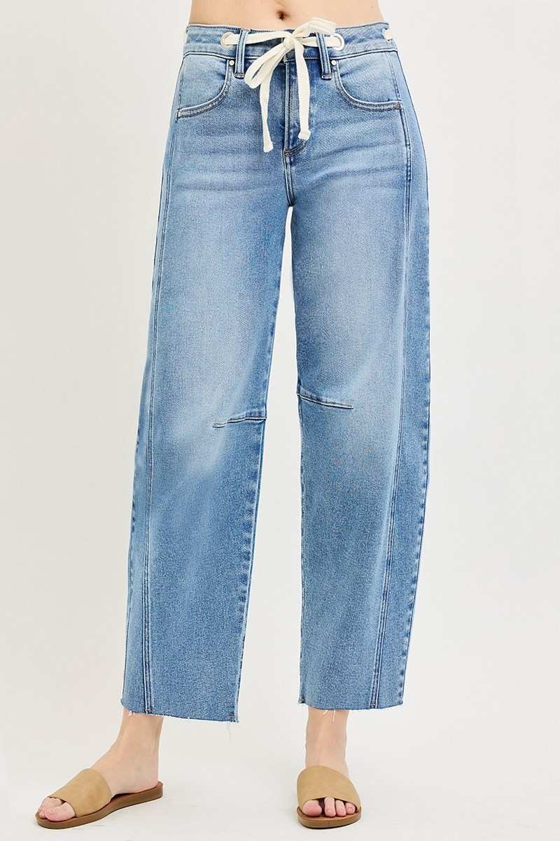 Slouchy Ankle Barrel Drawstring Jeans