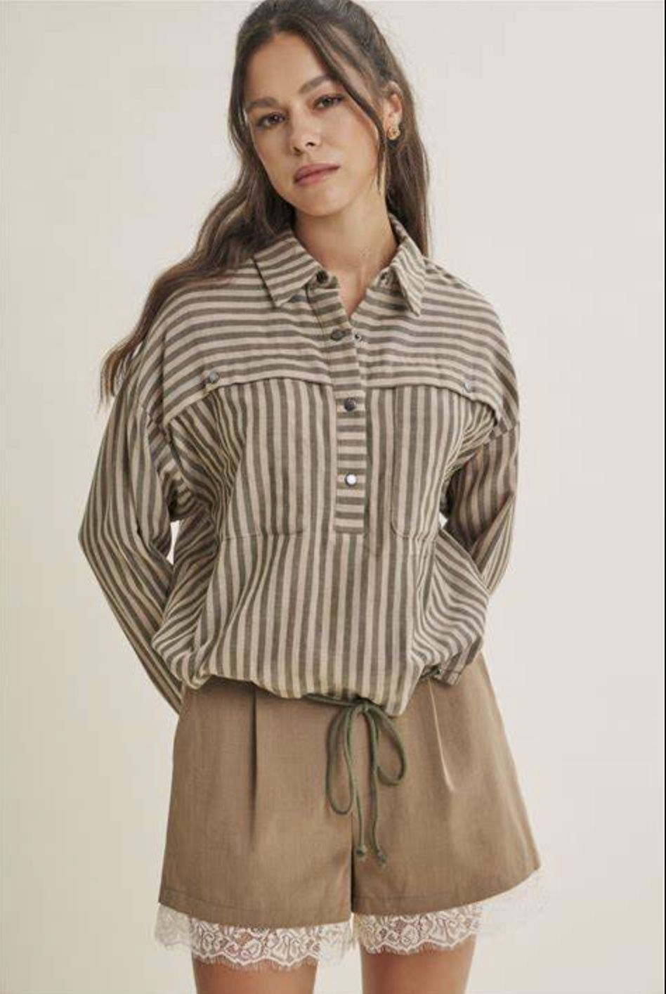 Snap Stripe Drawstring Pullover Shirt
