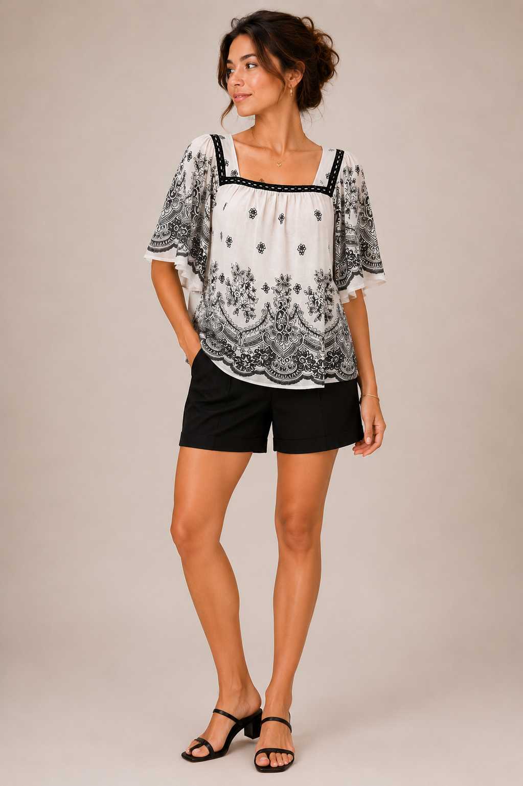 Square neck Flare Sleeve  Print Top