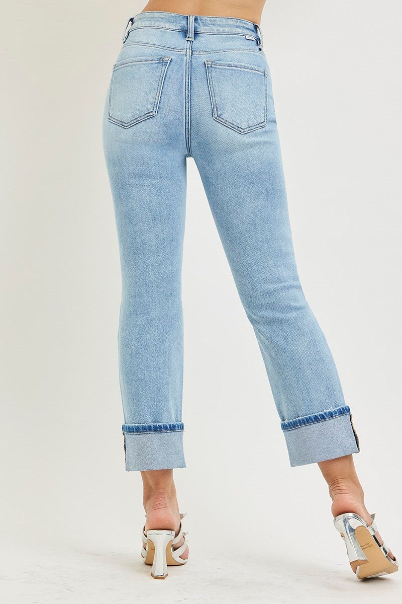 Straight High Rise Ankle Cuff Jeans