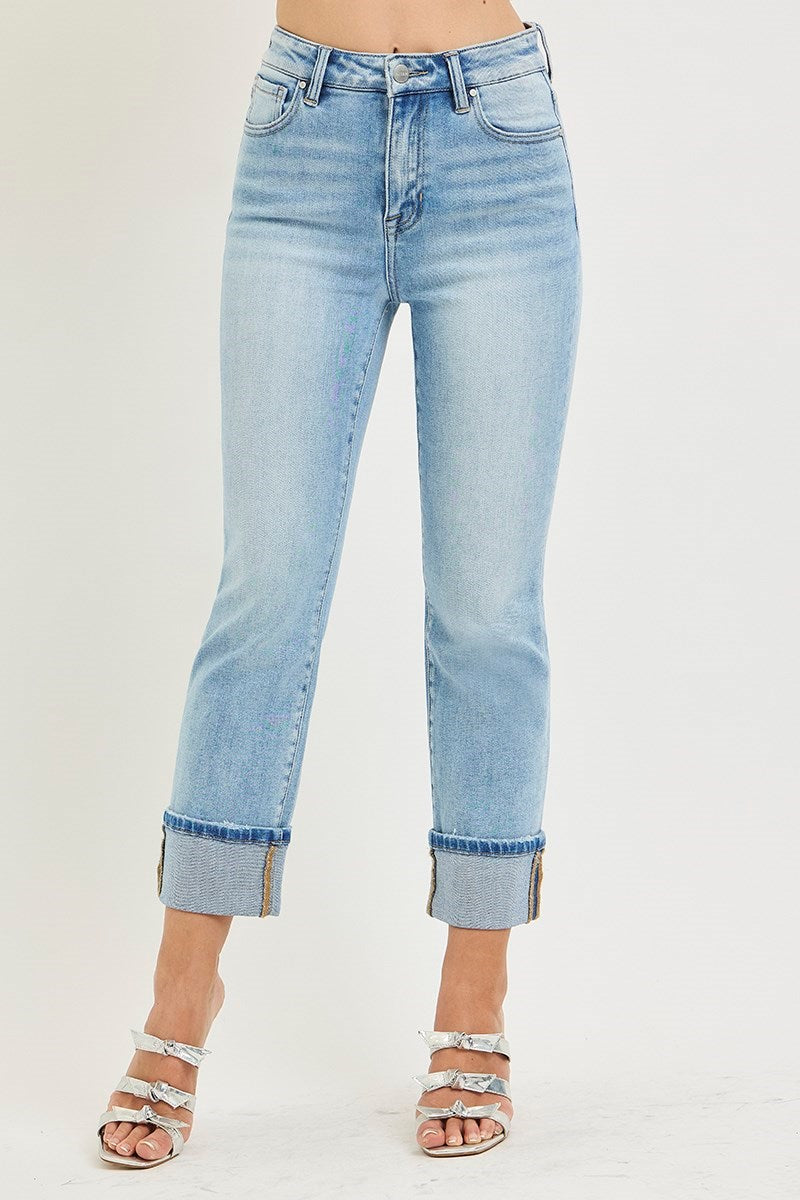Straight High Rise Ankle Cuff Jeans