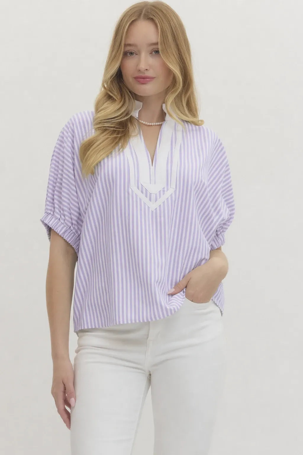 Striped Dolman Sleeve V-Neck Top