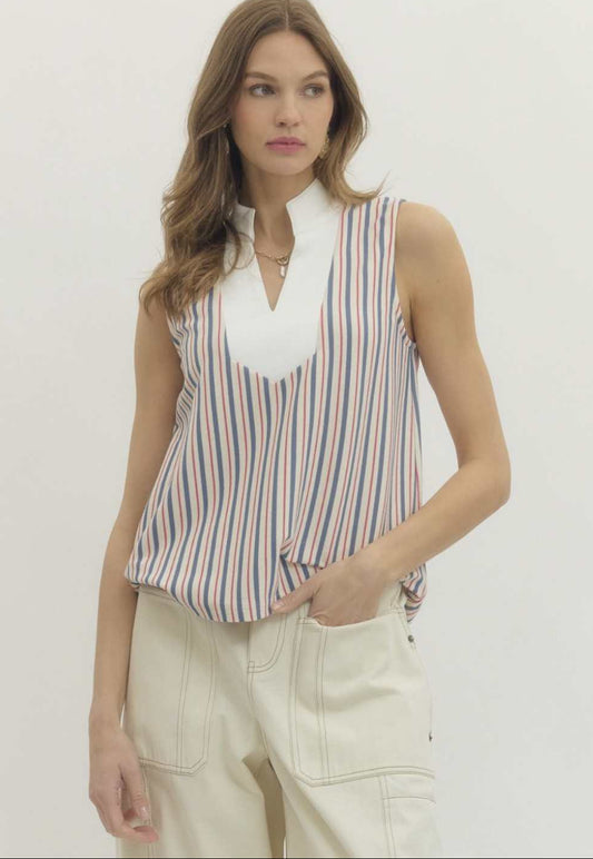 Striped Knit Contrast Band Collar Top