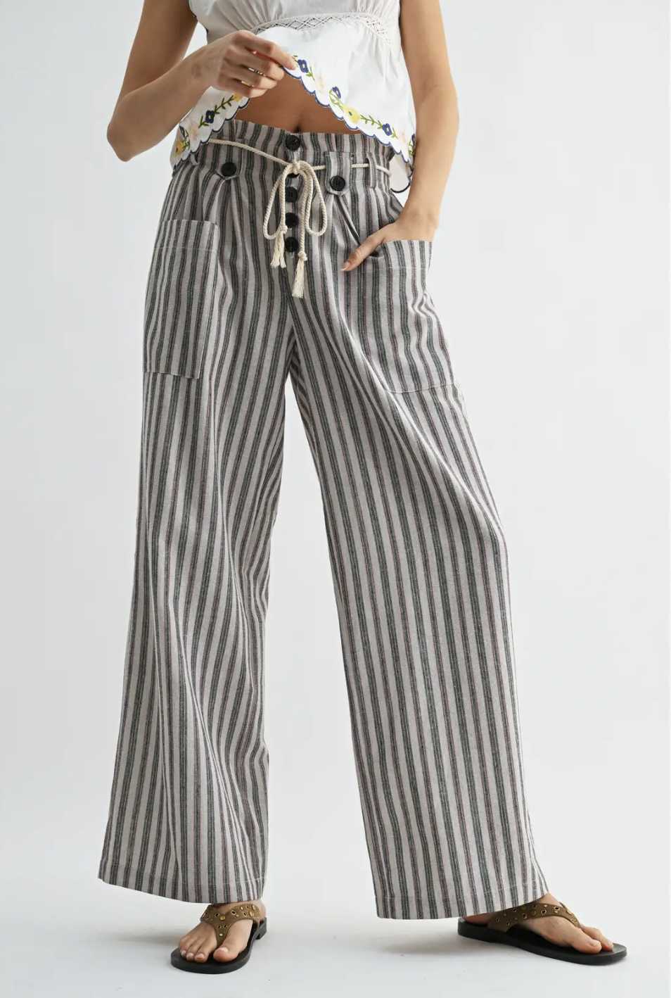 Striped Linen Wide Drawstring Pants
