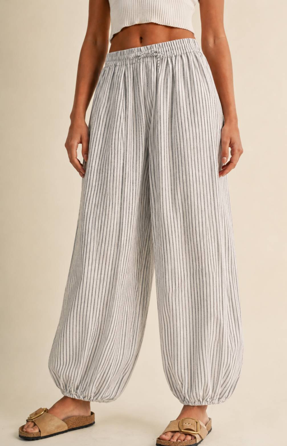 Striped Loose String Belt Wide Pants