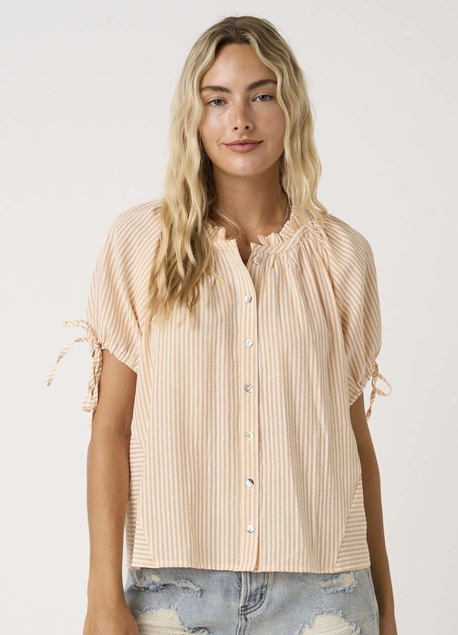 Striped Ruffle Neck Button Down Top