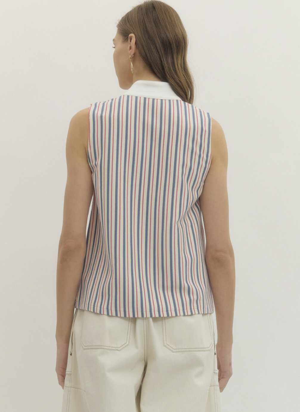 Striped Knit Contrast Band Collar Top