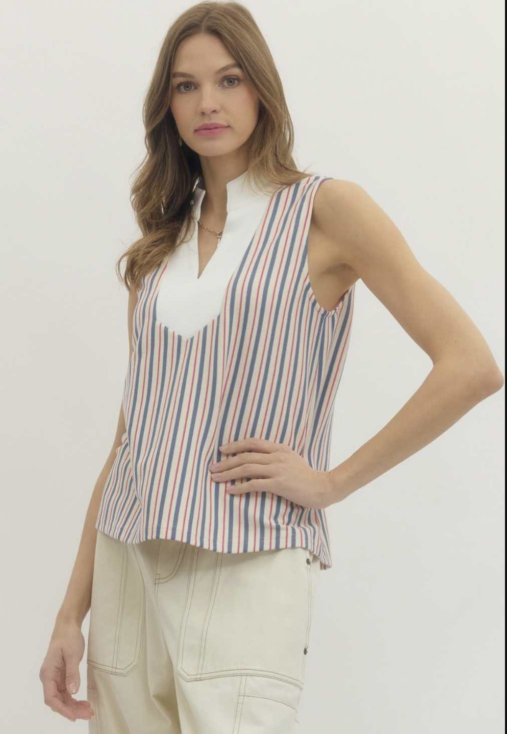 Striped Knit Contrast Band Collar Top