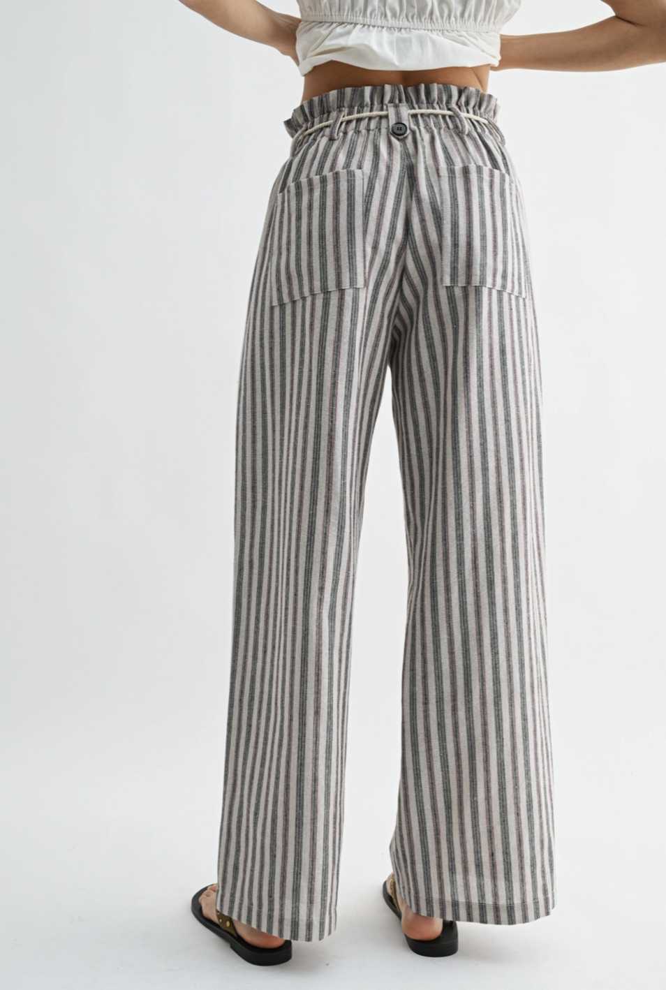 Striped Linen Wide Drawstring Pants