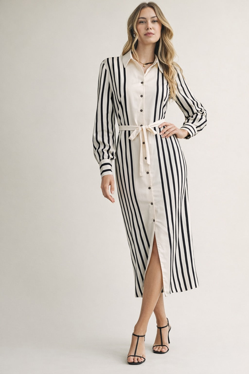 Striped Midi Dress with Belt