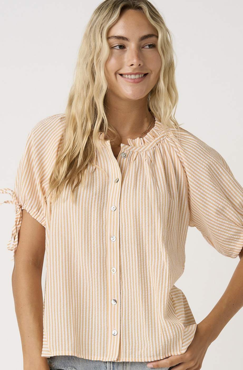 Striped Ruffle Neck Button Down Top