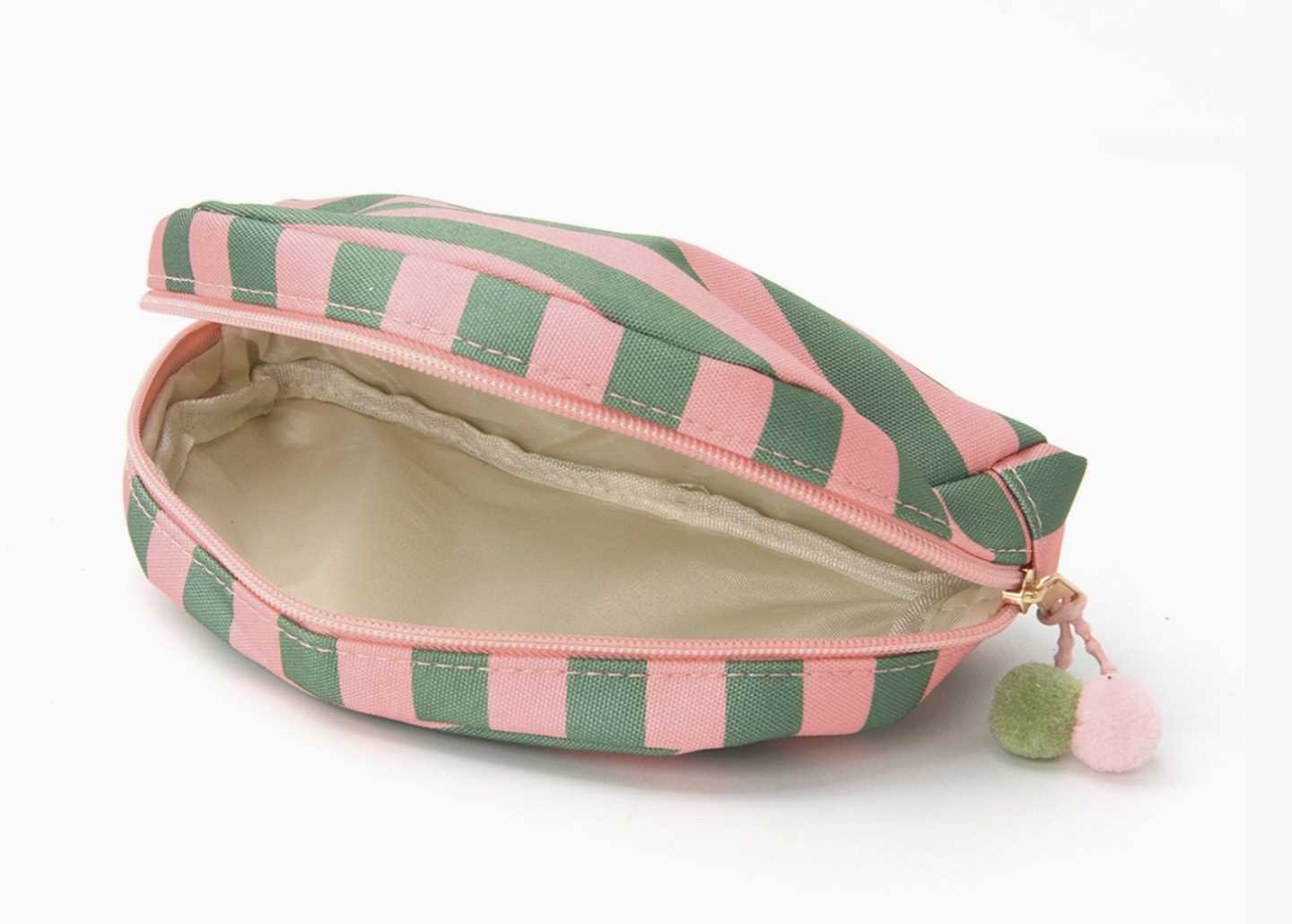 Striped Spill Proof Makeup Bag W/Pom