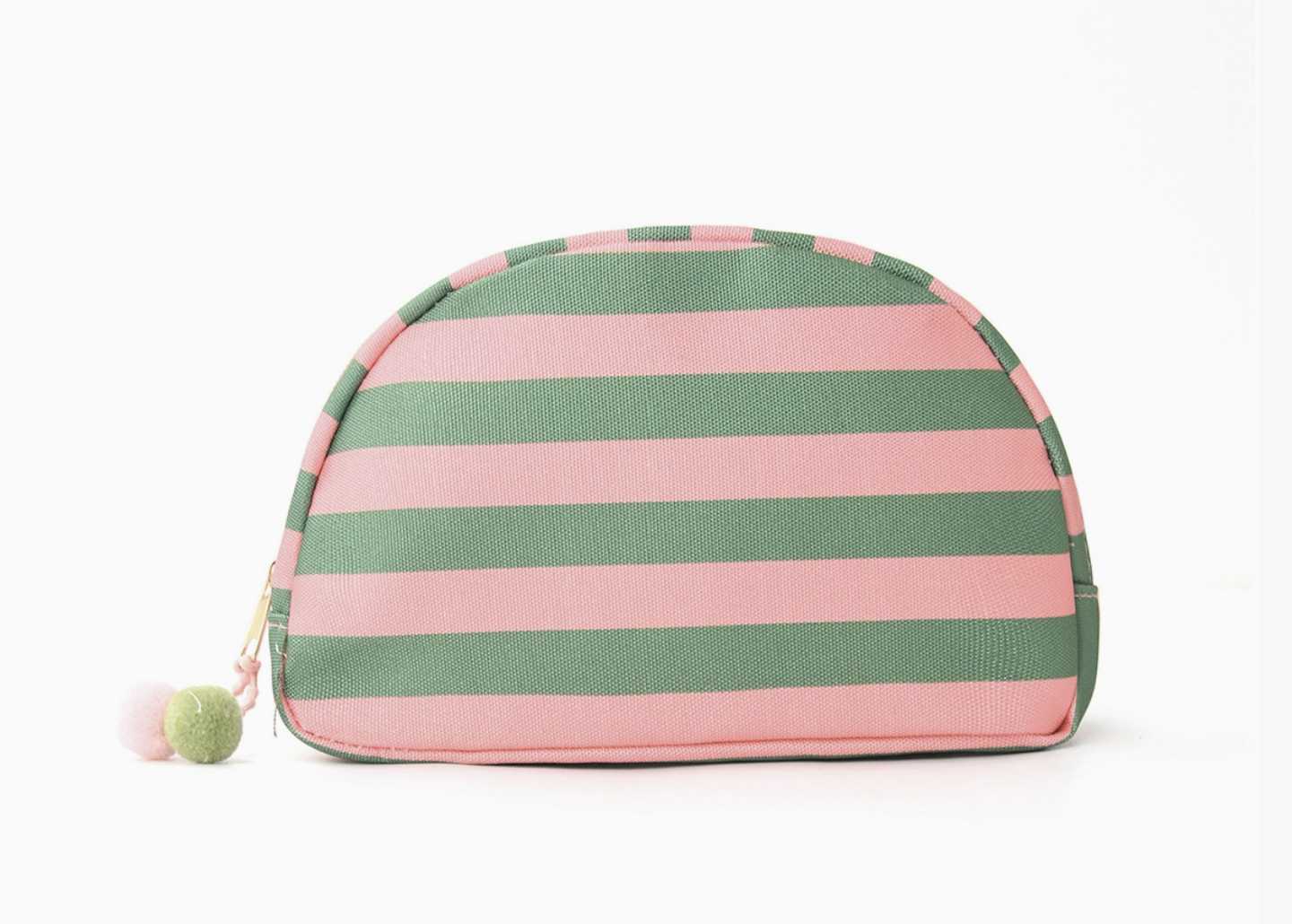 Striped Spill Proof Makeup Bag W/Pom