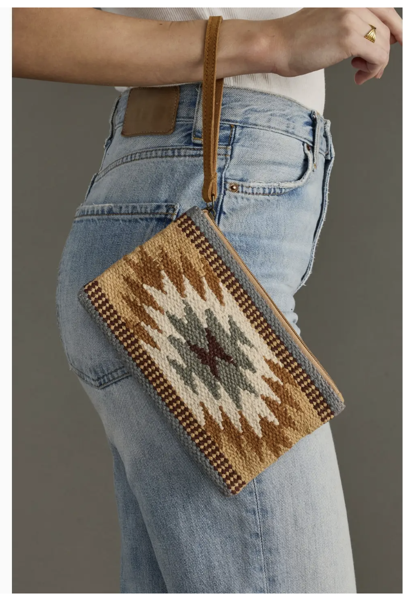 Tan, Camel & teal Aztec Wristlet