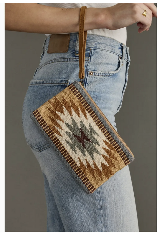 Tan, Camel & teal Aztec Wristlet