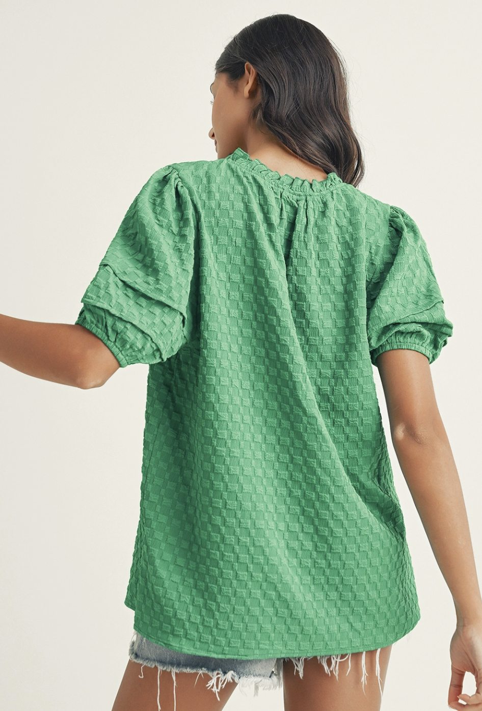 Texture Puff Sleeve Notched V Top