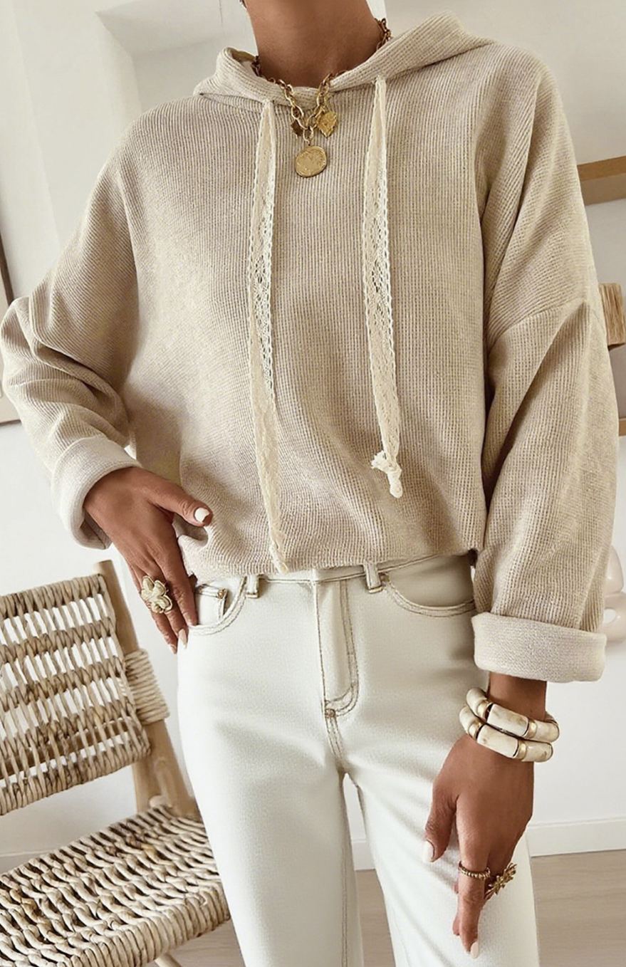 Thermal Lace Drawstring Baggy Hoodie