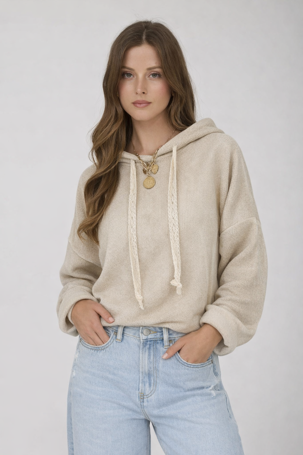 Thermal Lace Drawstring Baggy Hoodie