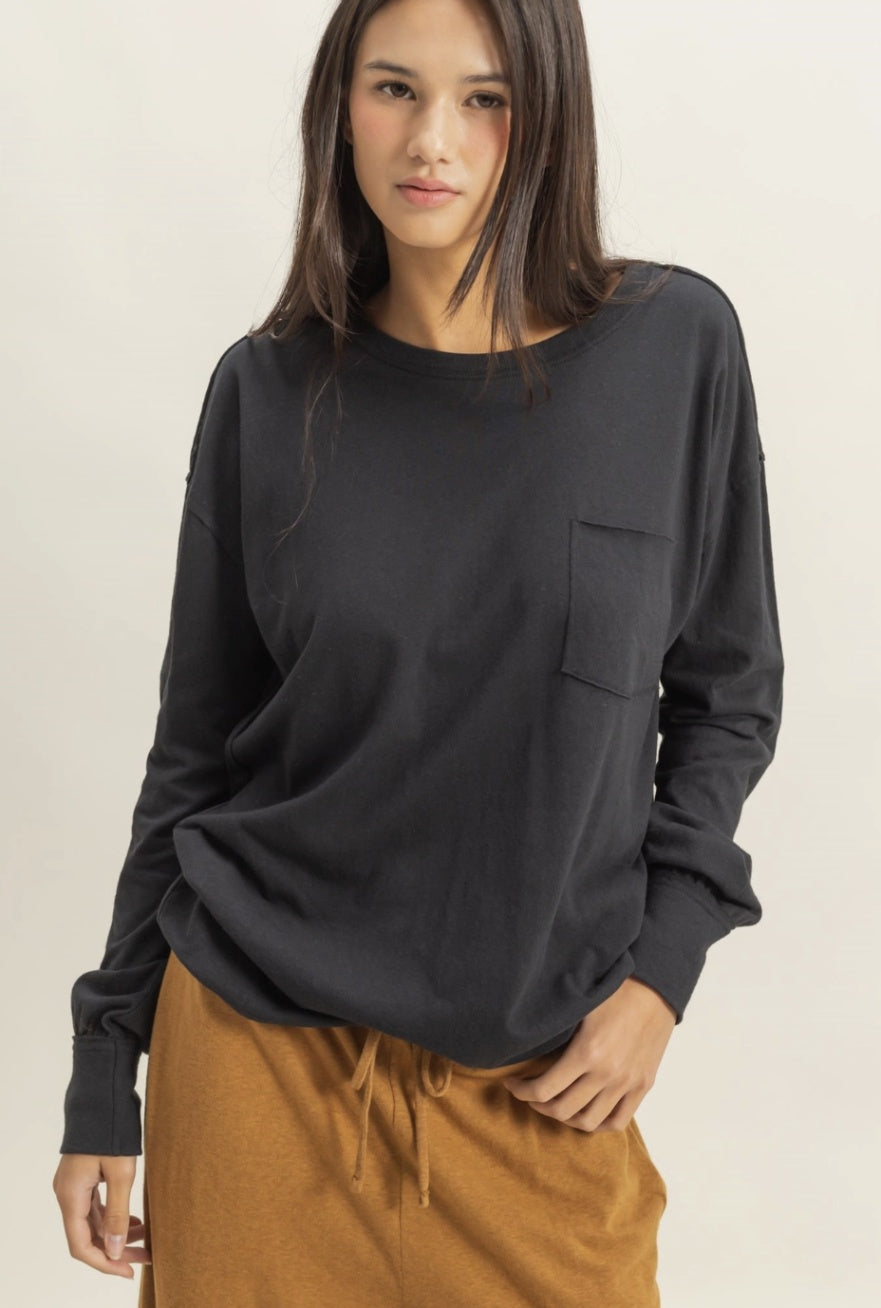 Thin Long Sleeve Pocket Black Shirt