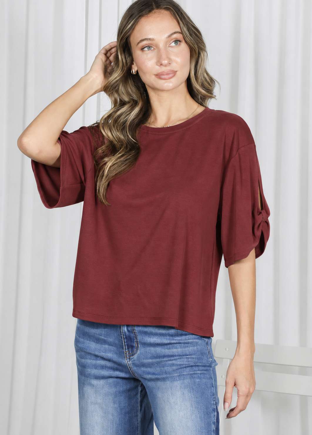 Tie Accent Sleeve Soft T-Shirt