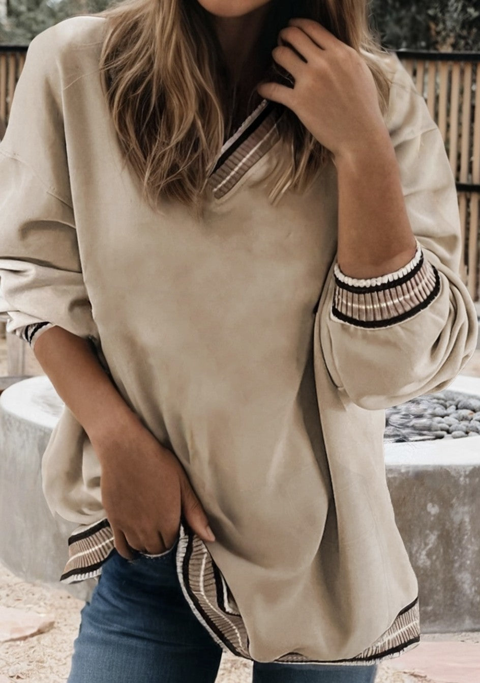 Varsity Striped Trim V-Neck Sweatshirt