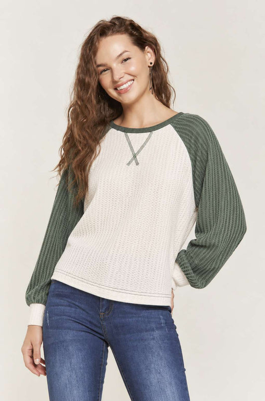 Waffle Color Block Raglan Top