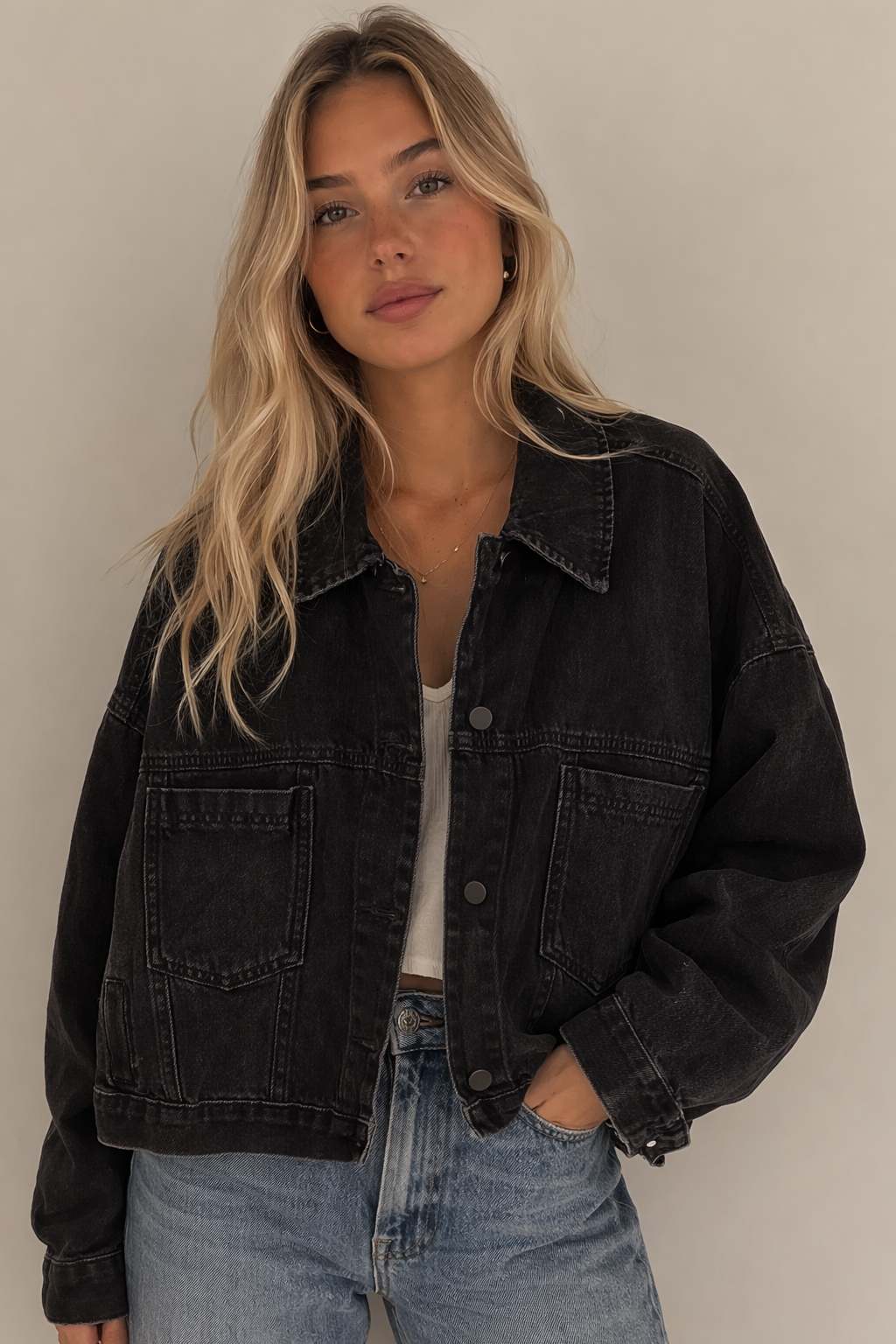 Washed Black Oversized Utility Pocket Denim Jacket