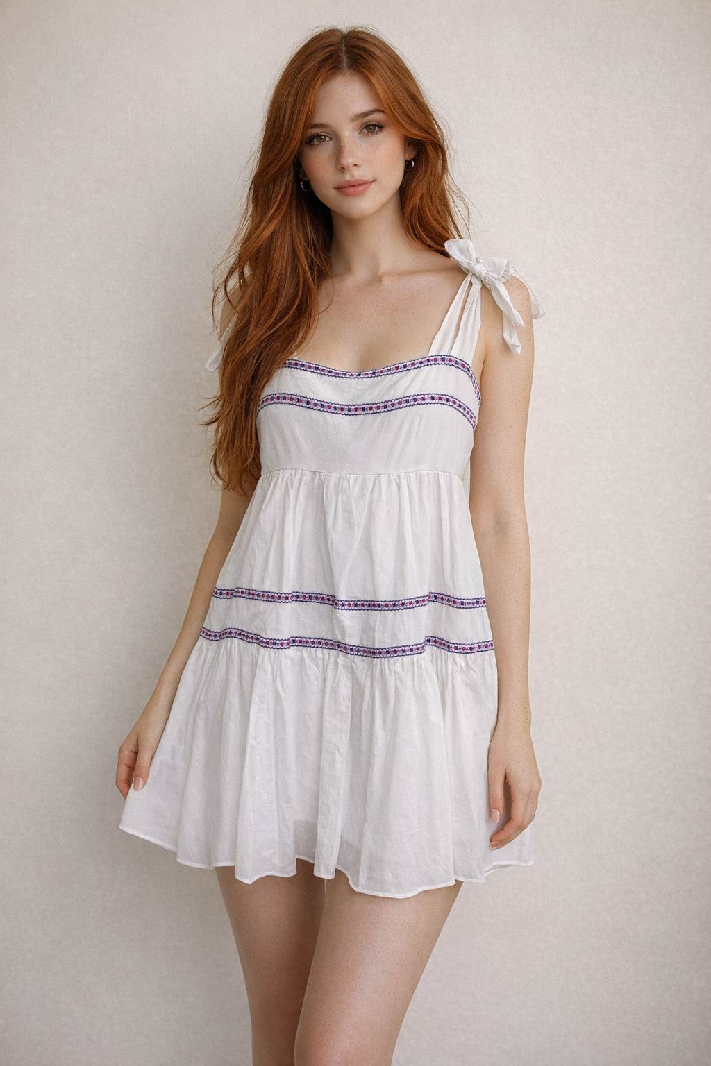 White Tied Shoulder Ruffle Tiered Dress
