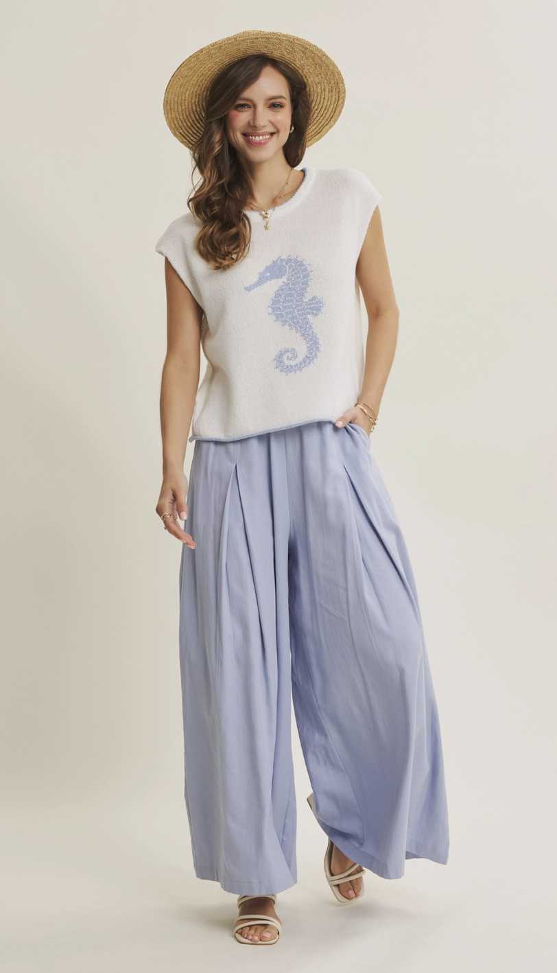 Wide Leg Cotton Pleated Flare Pants