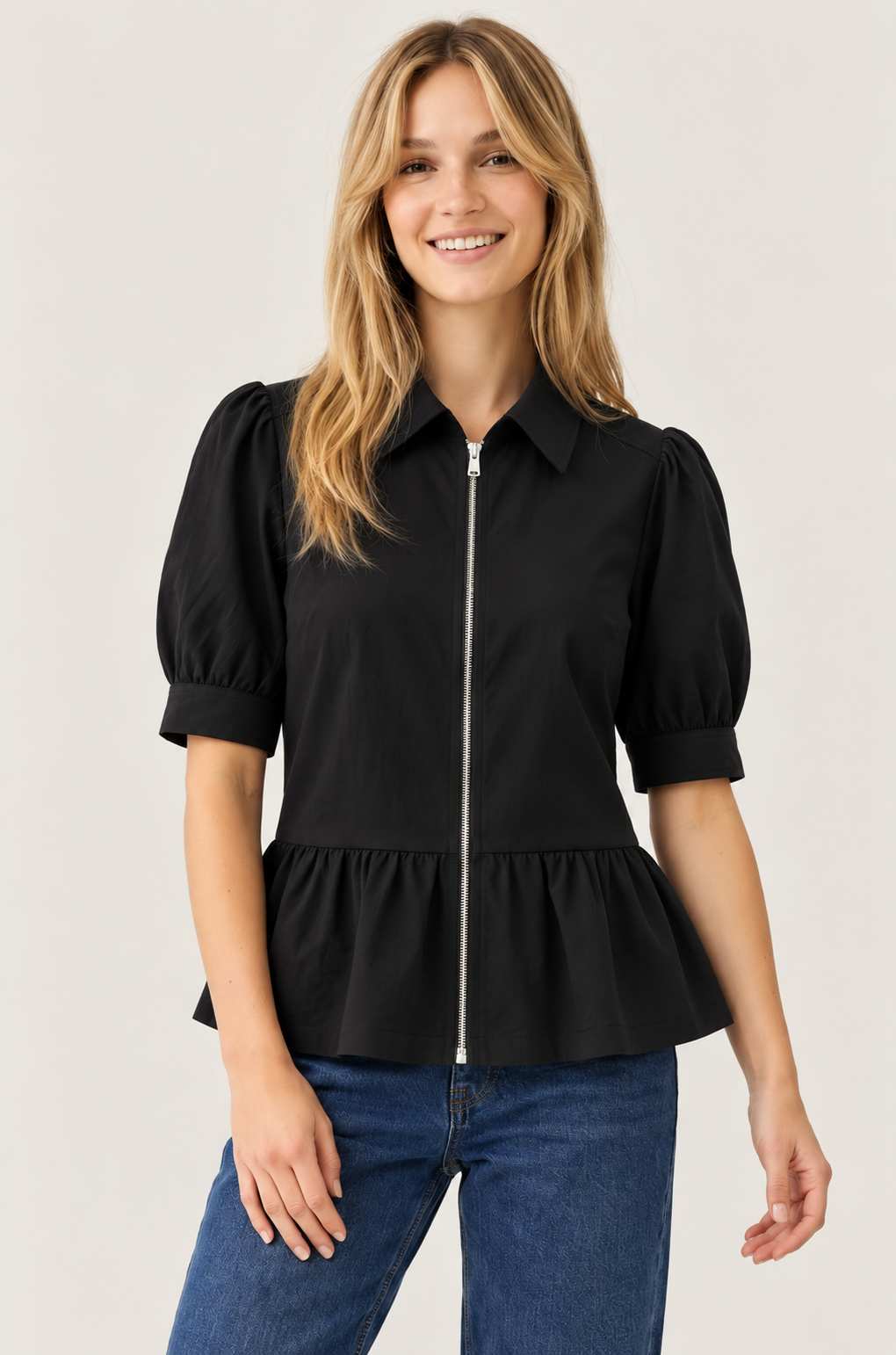 Zip Front Peplum Blouse