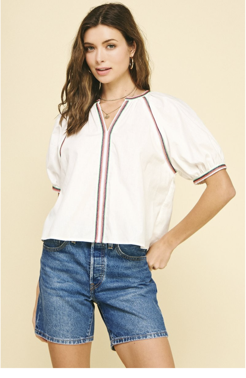 White Contrast Stitch Detailed Blouse