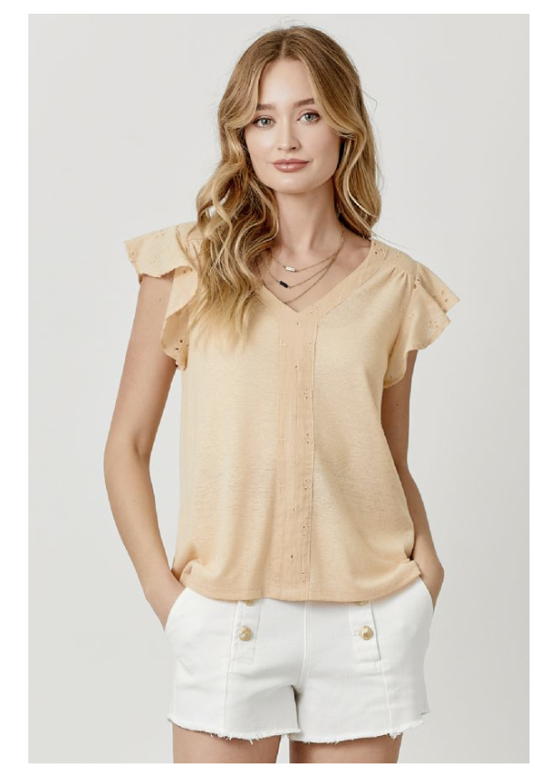 V-Neck Eyelet Lace-Flutter Sleeve top